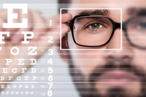 Male face and eye chart. Eyesight concept